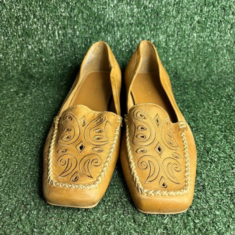 Liz Claiborne Flex Darla‎ Tan Leather Embroidered Square Toe Loafers Womens 10M